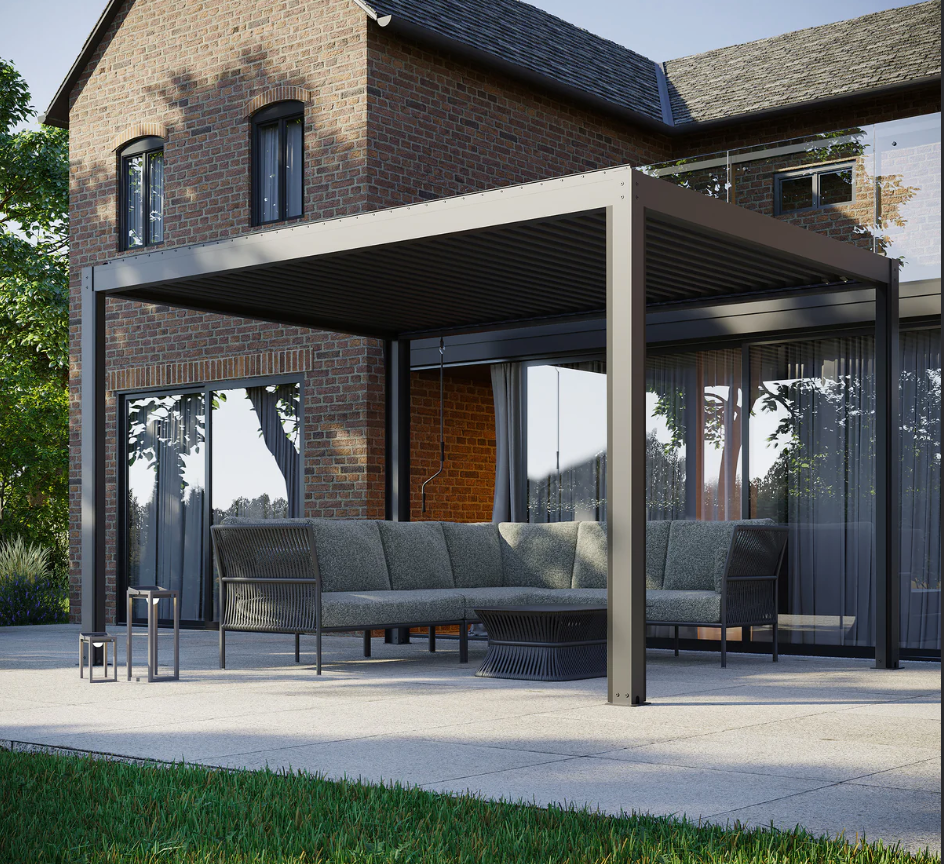 Manual louvered pergola with dark aluminum frame over a patio seating area