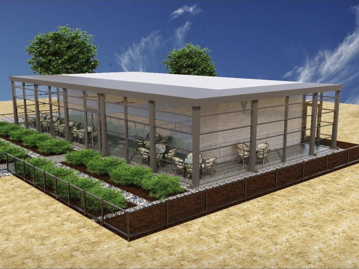 3D rendering of the fixed pergola and glass enclosure