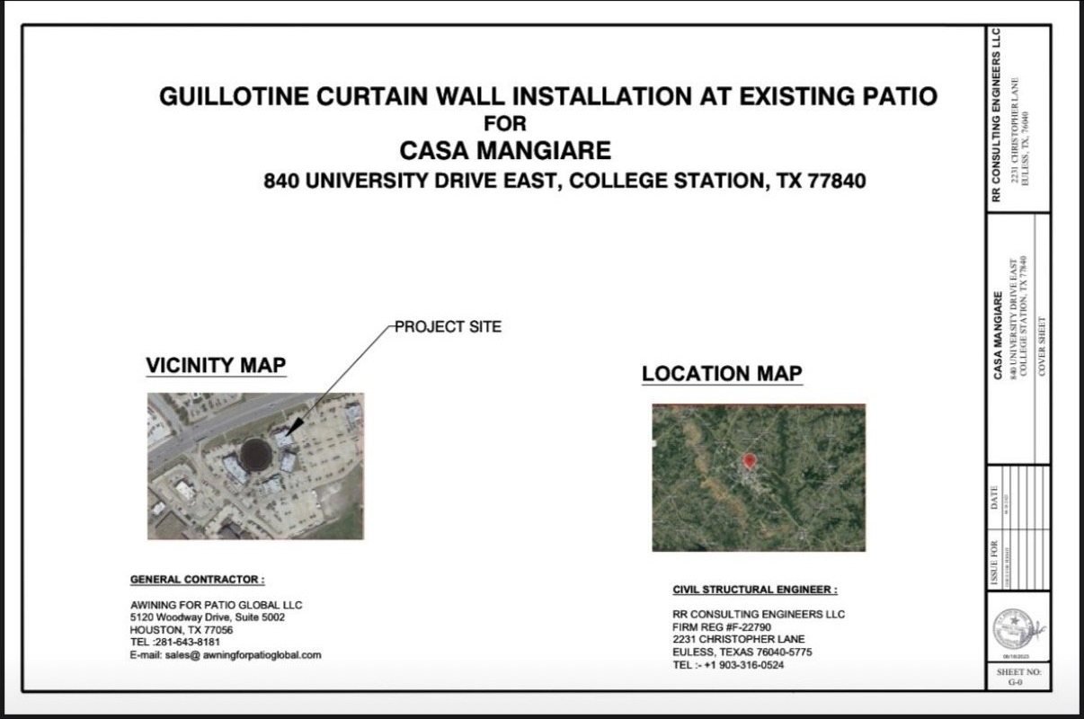 Cover sheet of the engineered drawings for the Casa Mangiare patio enclosure