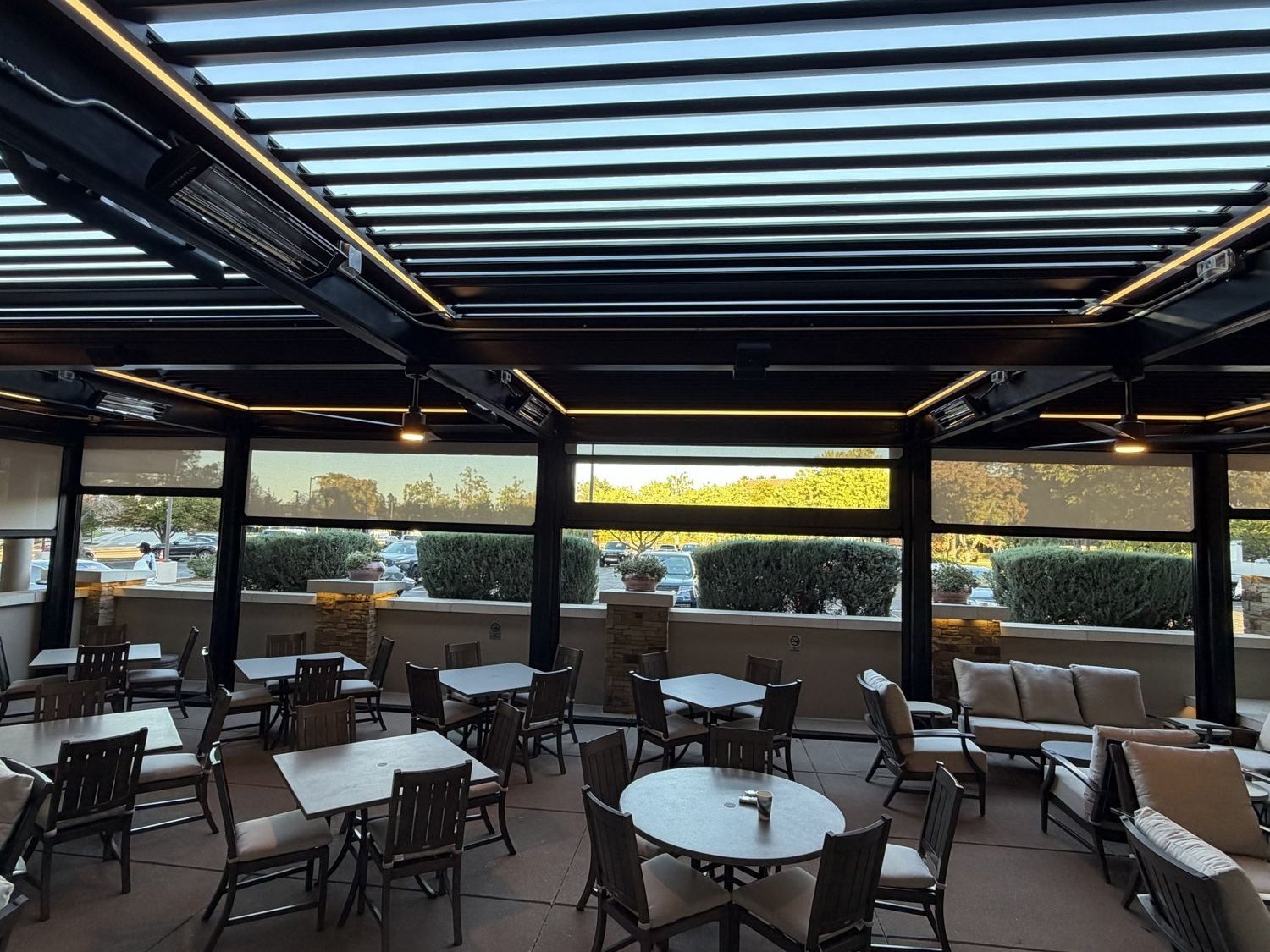 Finished louvered pergola patio enclosure at Del Frisco's Double Eagle Steakhouse, Greenwood Village, Colorado