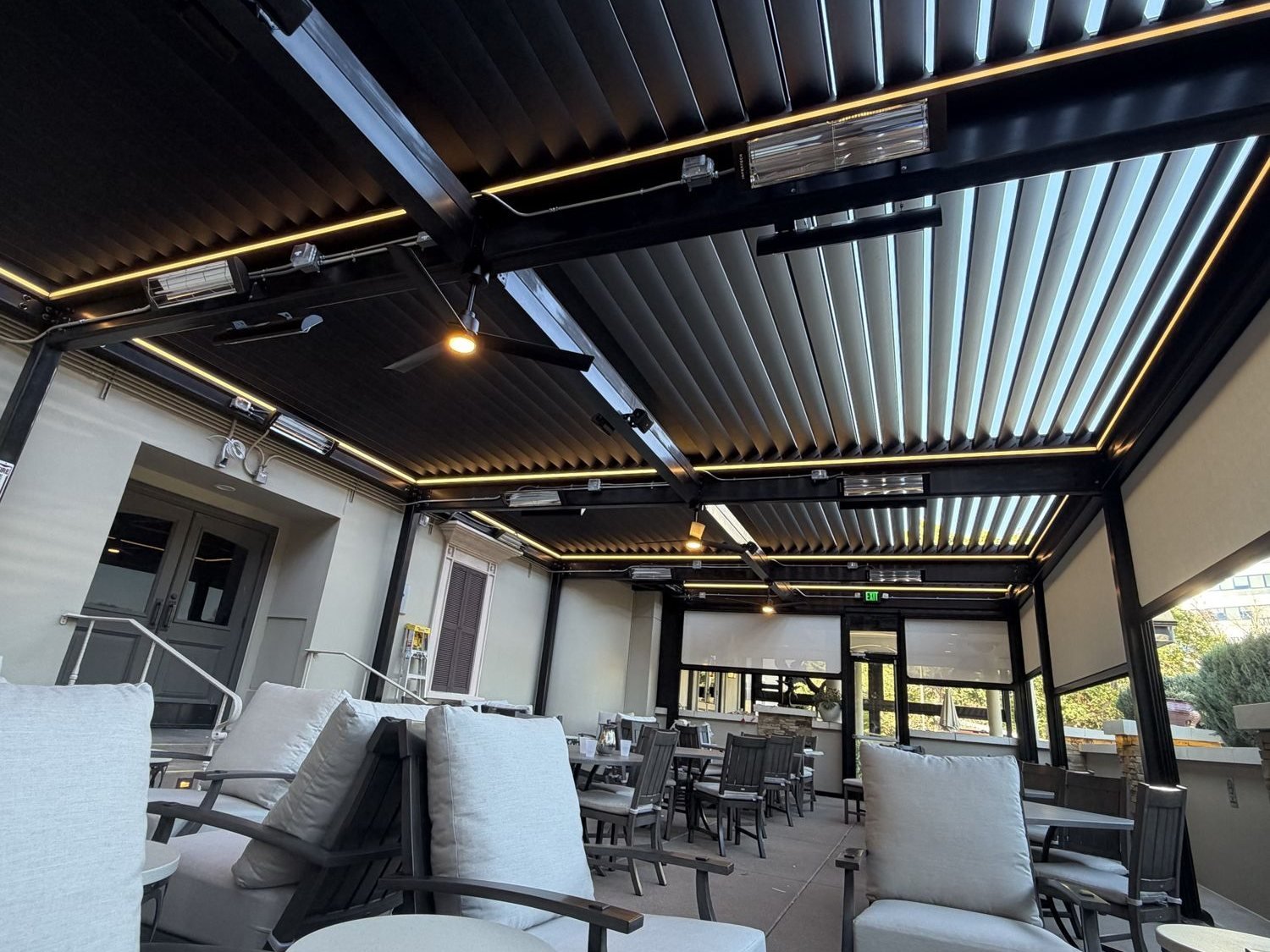 Motorized aluminum louvered roof seen from below