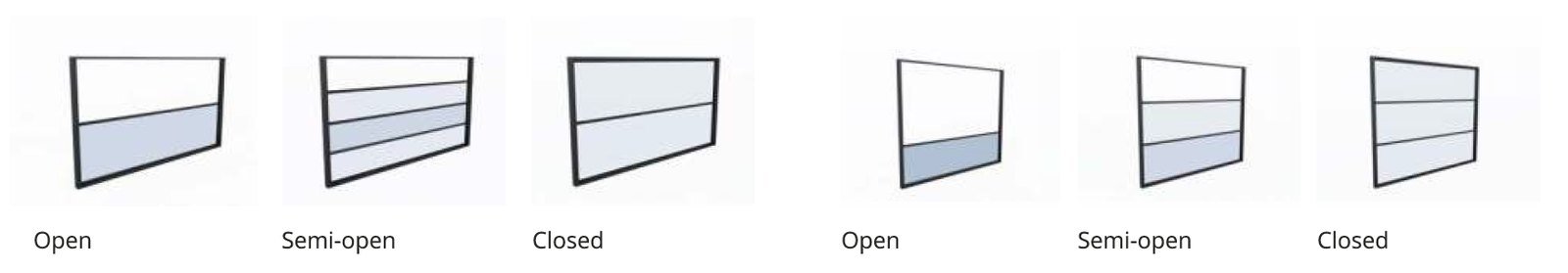 Two-panel and three-panel guillotine windows shown open, semi-open and closed
