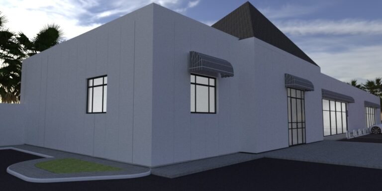 Gas station convenience store built with insulated sandwich panels - rendering