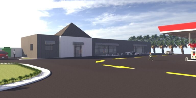 Gas station convenience store built with insulated sandwich panels - rendering