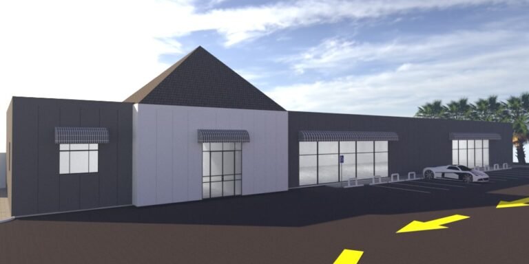 Gas station convenience store built with insulated sandwich panels - rendering