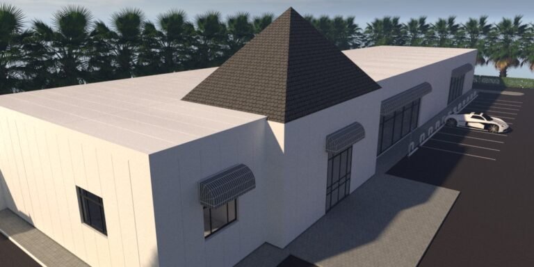 Gas station convenience store built with insulated sandwich panels - rendering