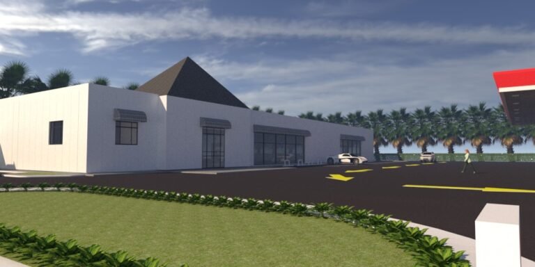 Gas station convenience store built with insulated sandwich panels - rendering