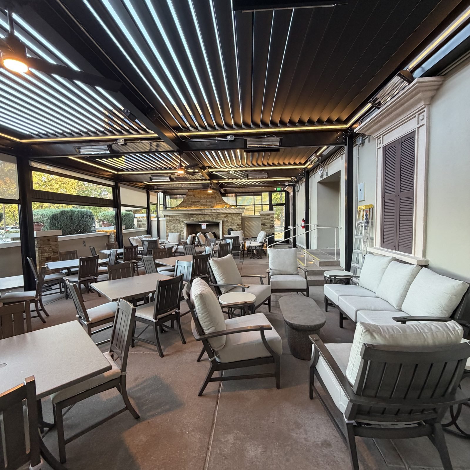 Louvered roof open for natural light and airflow – String Lights Outdoor